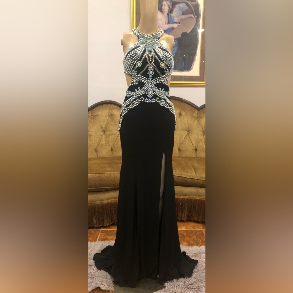 Rachel Allan Black halter beaded jersey gown with turquoise Embellishments 2